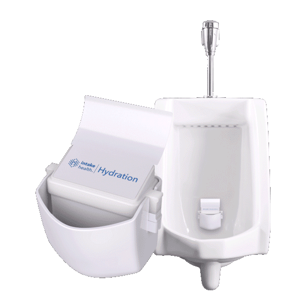 InFlow installed on a urinal, flashing through hydration test colors